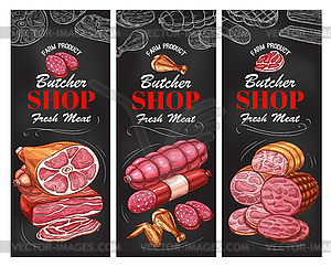 Butcher shop meat product and sausage banner - vector image