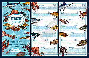 Seafood restaurant menu template with fish sketch - vector image