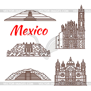 Мексиканская туристическая достопримечательность пирамиды и церкви - иллюстрация в векторе