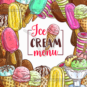 Ice cream sketch frame for cafe menu cover design - vector image