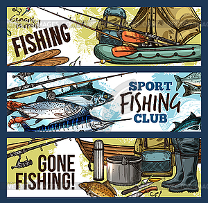 Fishing banner with fisherman tackle and fish - vector clipart