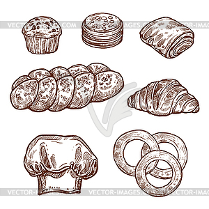 Sweet bread bun sketch of bakery, pastry product - vector image