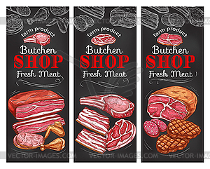 Meat and sausage chalkboard banner of buncher shop - vector image