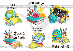 Back to School sketch stationery icons - vector clip art