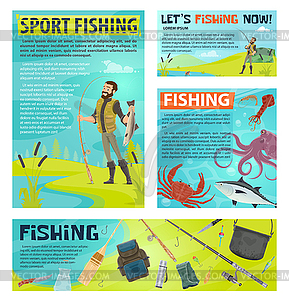 Sport fishing banner with fisherman and fish catch - vector EPS clipart