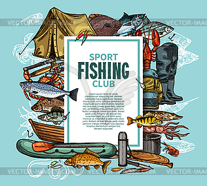 Fishing poster with fish catch and fisherman tool - vector clipart