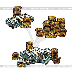 Money sketch with stack of paper currency and coin - vector clipart