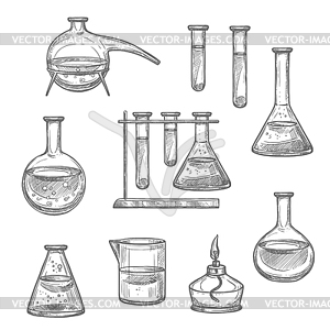Эскиз химического лабораторного стекла и оборудования - изображение в векторе