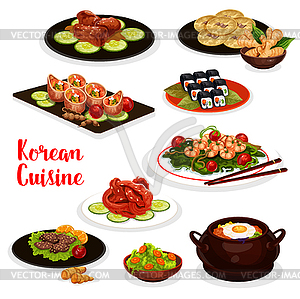 Korean cuisine icon with fish and meat dish - vector image