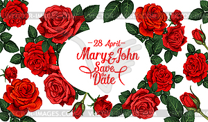 Save Date wedding card with red rose flower - vector image