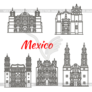 Mexican travel landmark icon with catholic church - vector image