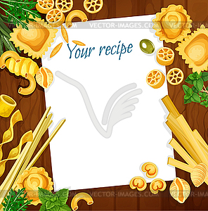Italian cuisine recipe with pasta and herb on wood - vector clipart / vector image