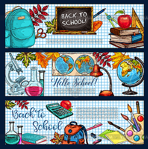 Back to School stationery sketch banners - vector image