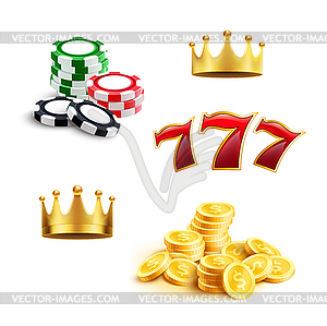 Casino icon of gaming chip, coin and triple seven - vector clip art