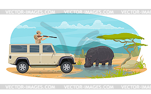 Hunter on African safari hippopotamus hunt - vector clip art