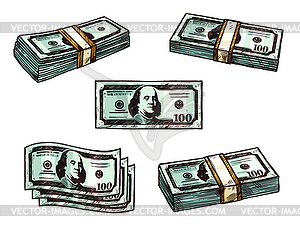 Dollars money banknote bundles sketch icons - vector clip art