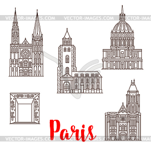 Paris travel landmarks buildings line icons - vector clipart