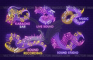 Neon music sign with note and treble clef on stave - vector clipart