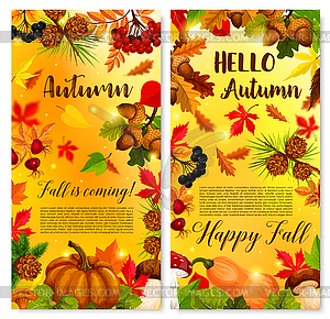 Autumn poster of fall foliage and pumpkin - vector clipart / vector image