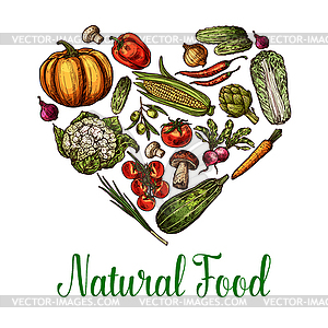 Natural vegetables food sketch heart poster - vector image