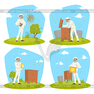 Beekeeping apiary and beekeeper design - vector clip art