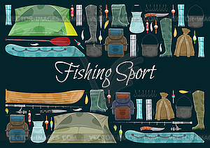 Fishing sport banner with fisher equipment border - vector image