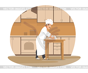 Baker chef baking bread at bakery cartoon icon - vector clip art