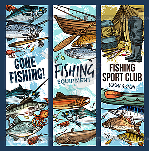 Fishing banner with fishing equipment and fish - vector image