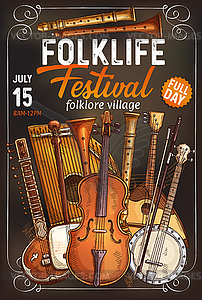 Folk music festival poster with musical instrument - vector clip art