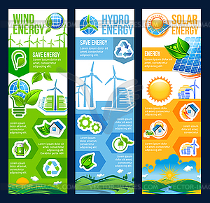 Save energy banner of solar, wind and hydro power - vector clipart