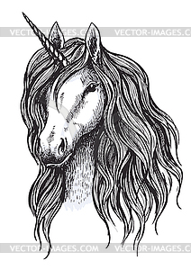 Эскиз лошади-единорога волшебного животного с рогом - изображение в векторе / векторный клипарт