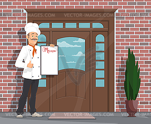 Chef man with menu inviting to restaurant - vector clipart