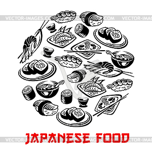 Japanese food poster and sushi and rolls - vector image