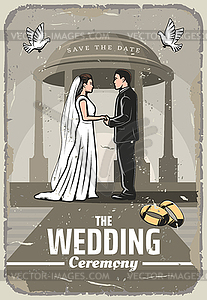 Wedding invitation retro card with bride and groom - vector image