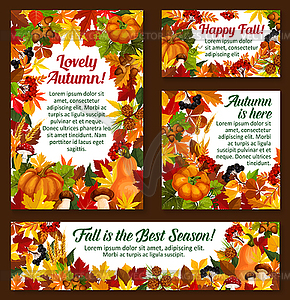 Autumn acorn leaf, pumpk greeting posters - vector image