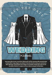 Wedding retro poster with bridal dress and suit - vector clip art