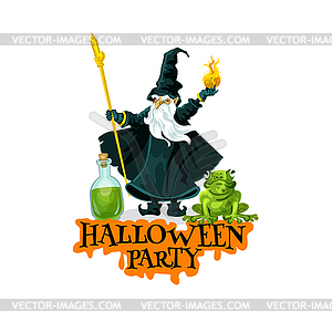 Halloween party festive badge with evil wizard - vector image