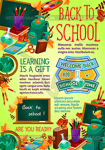 Back to school supplies poster, education design - vector clipart