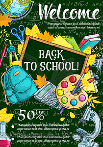 Welcome back to school sketch banner, sale design - vector clipart