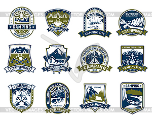 Camping and outdoor adventure shield badge design - vector clip art