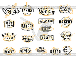 Bakery lettering icon with bread sketch - vector image