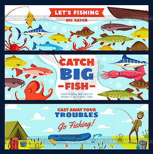 Fishing banner with fisherman, fish, rod and hook - vector image