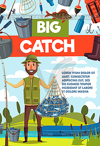 Fisherman with big fish catch and rod banner - vector clipart