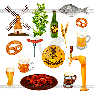 Beer drink and snack food icon for bar, pub design - vector image