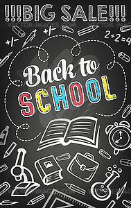 Sale offer banner of school supplies on blackboard - vector clipart