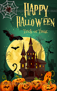 Halloween horror house and pumpkin greeting card - vector image