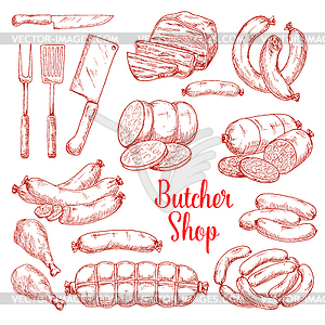 Sketch icons of butchery meat products - vector image