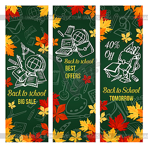 Back to school sale banner of discount stationery - vector clip art