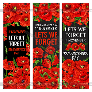 Red poppy flower banner for Remembrance Day design - vector clipart