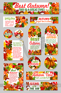 Autumn tags acorn leaf, pumpk greeting - vector image